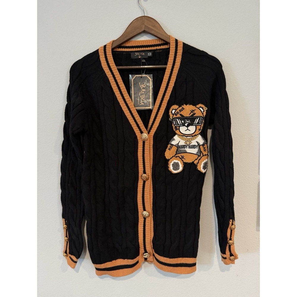 Balboa Hardy Hardy Teddy Bear Cable Knit Cardigan Black Orange S/M NWT